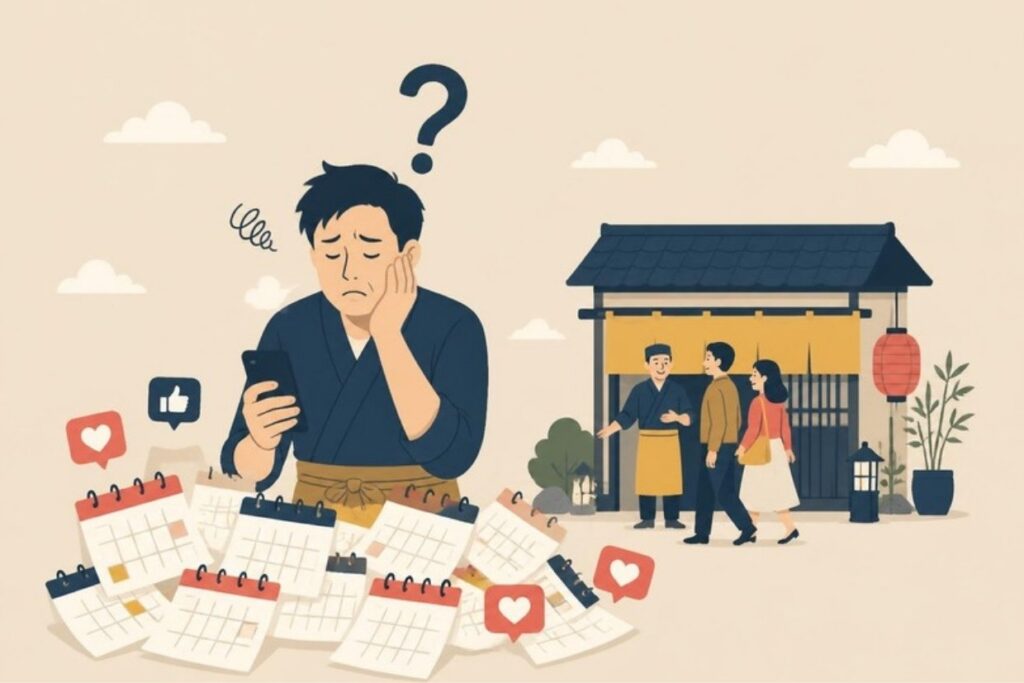毎日の投稿に悩む店主と、お客さんが来るお店のイラスト
