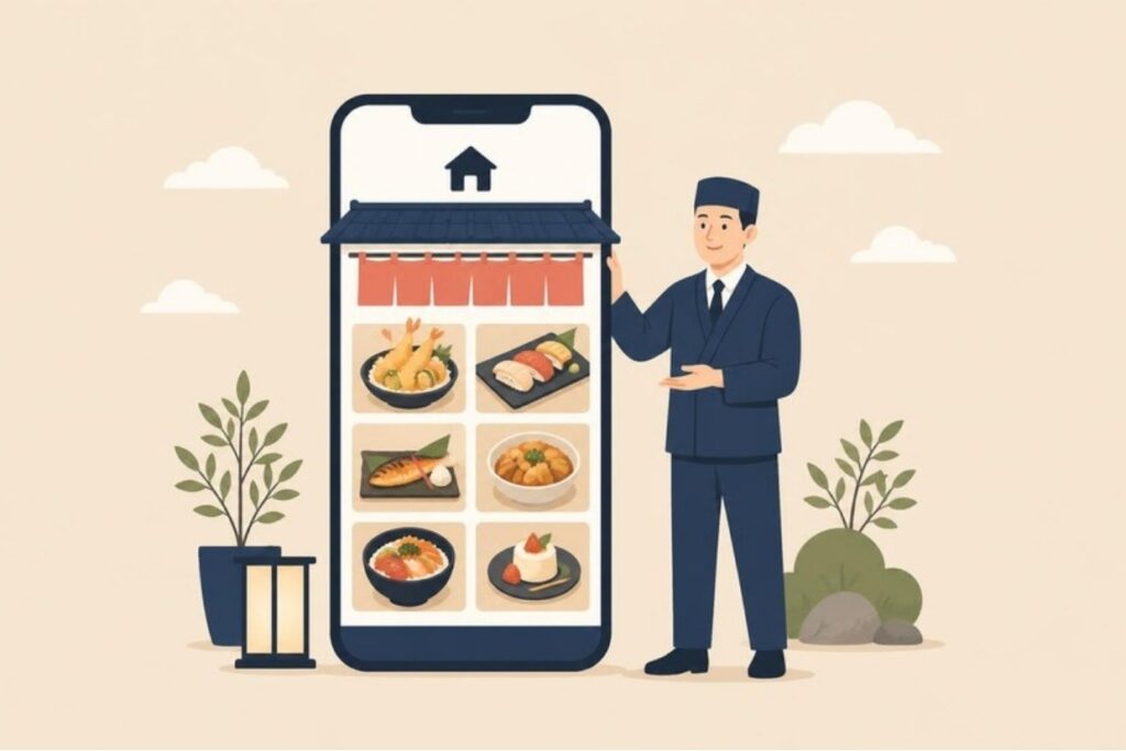 スマホの画面をお店のホームページのように整えたイラスト