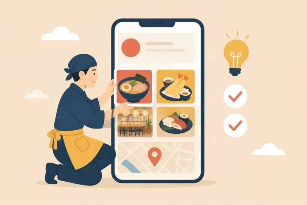プロフィールに料理や店内の写真を並べて整えるイラスト