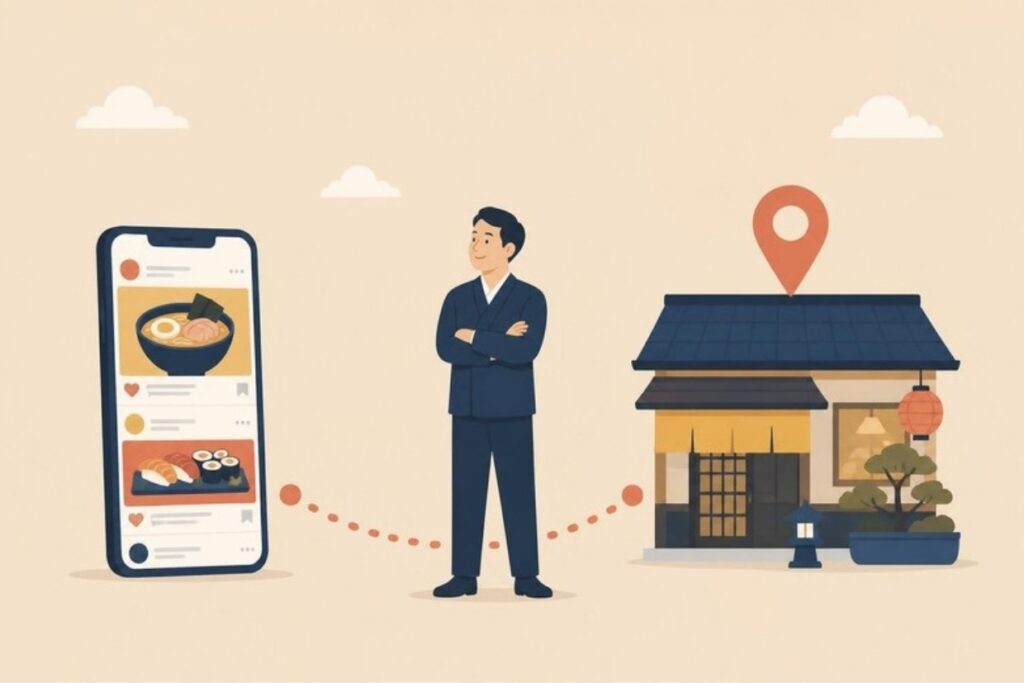 スマホの広告からお店までの距離をイメージしたイラスト