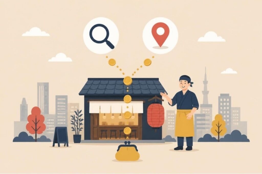 焼き鳥店の広告費を検索と地図に分けるイラスト