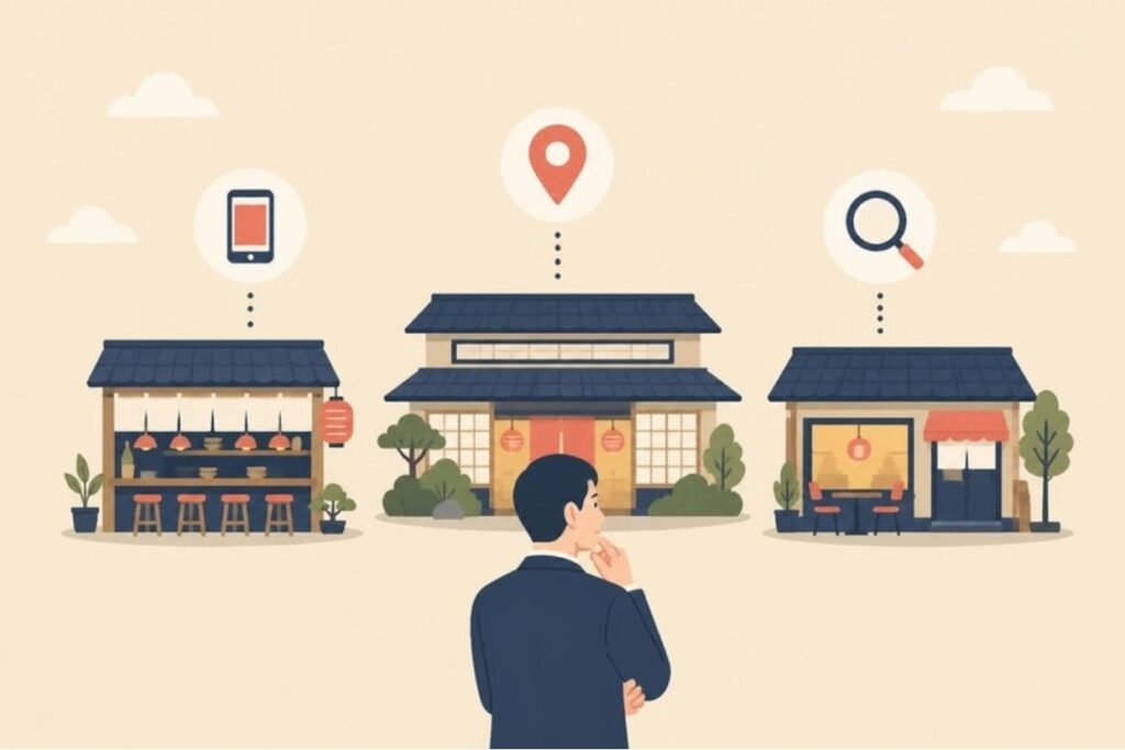 業態の違うお店ごとに合う広告を考えるイラスト