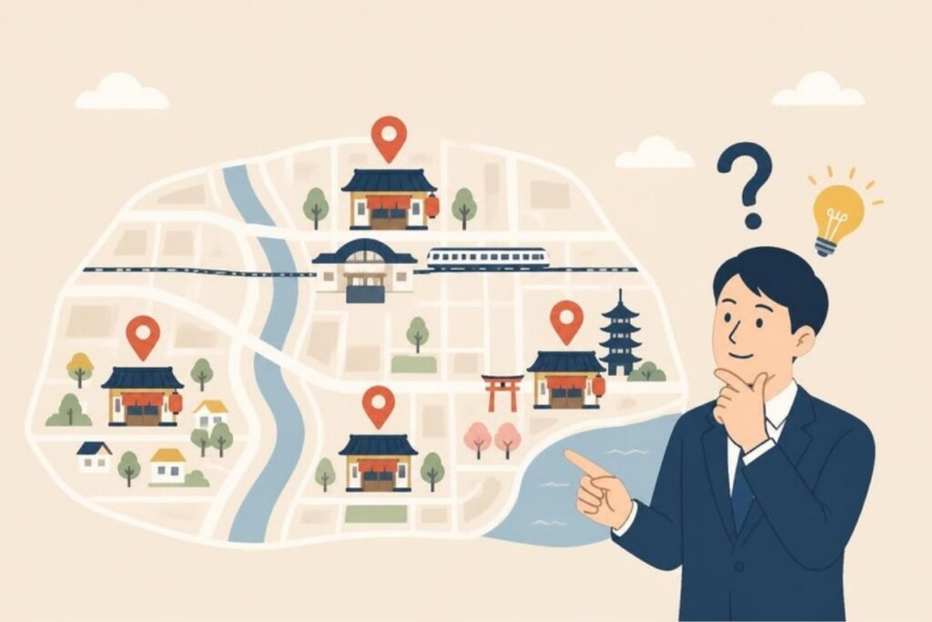 地図上の立地ごとに広告を考えるイラスト