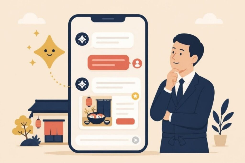 AIチャットの中にお店の広告が表示されるイラスト