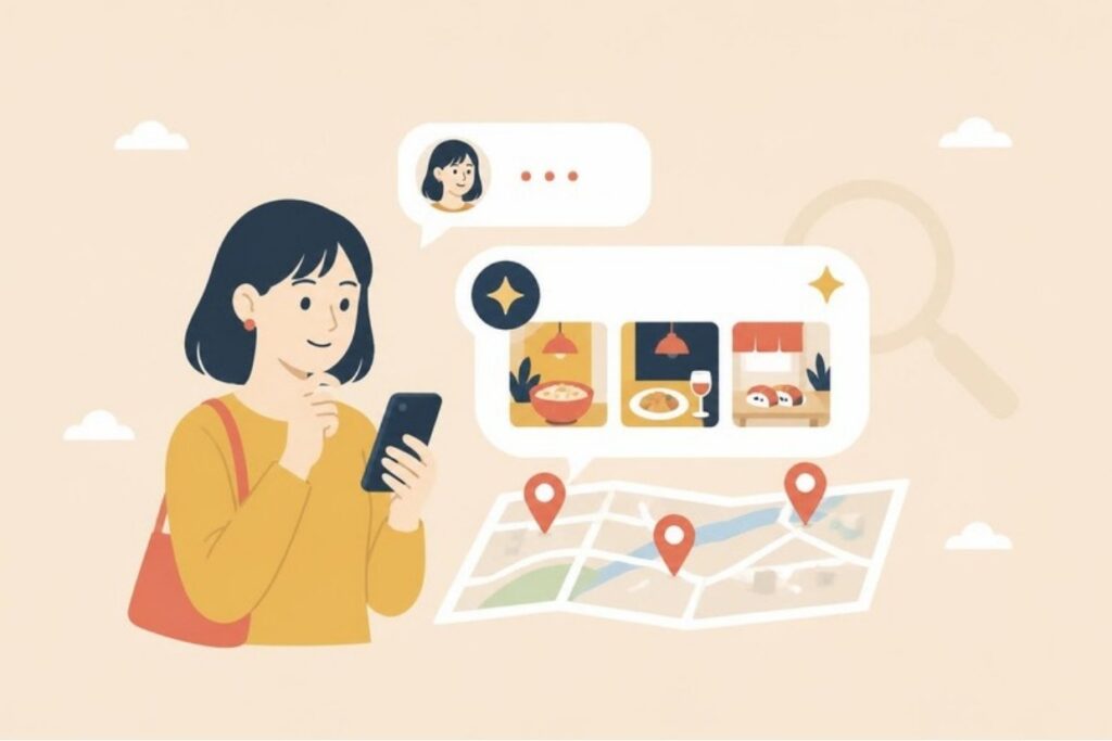 AIに相談してお店を探す女性のイラスト