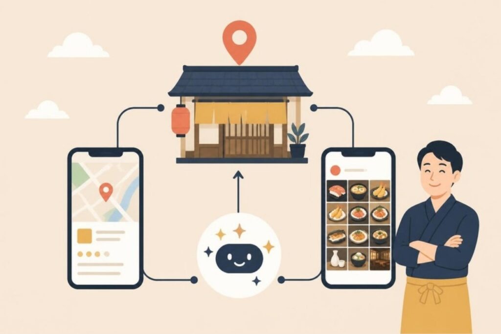 地図情報とSNSがAIを通じてお店につながるイラスト