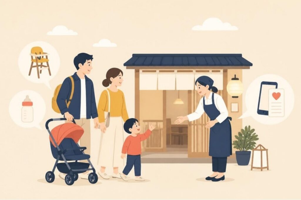 子連れの家族をお店が迎えるイラスト