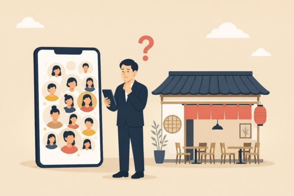 フォロワーは多いのにお店が空いていて悩むオーナーのイラスト