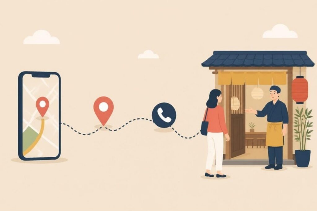 スマホからお店の来店までつながる導線のイラスト