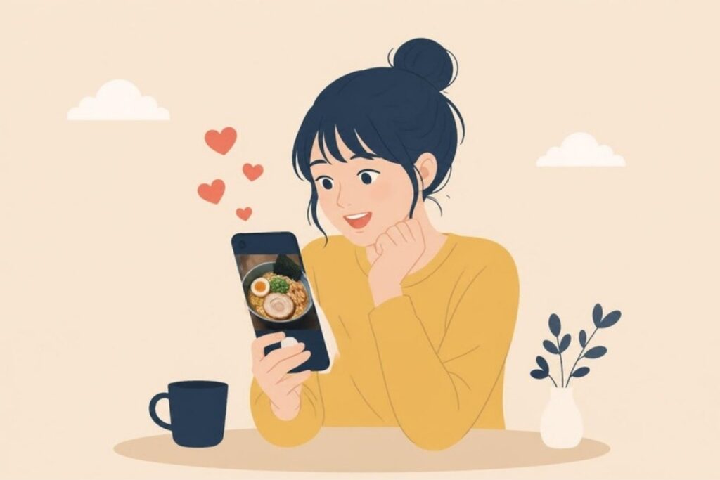 スマホの料理写真に見入る女性