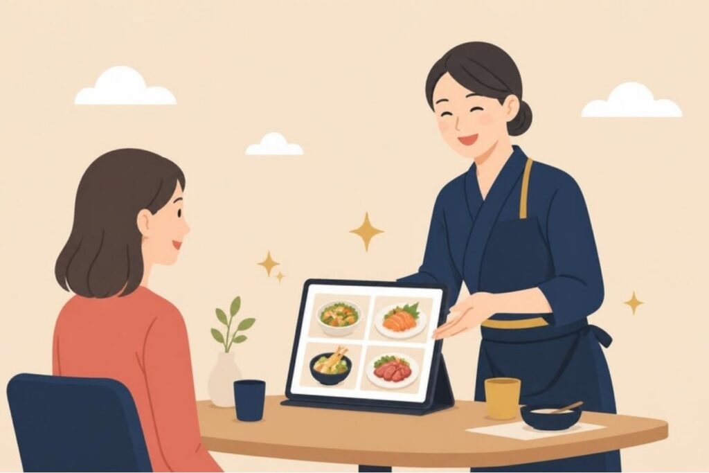 清潔感のあるモバイルオーダー画面を案内する店員