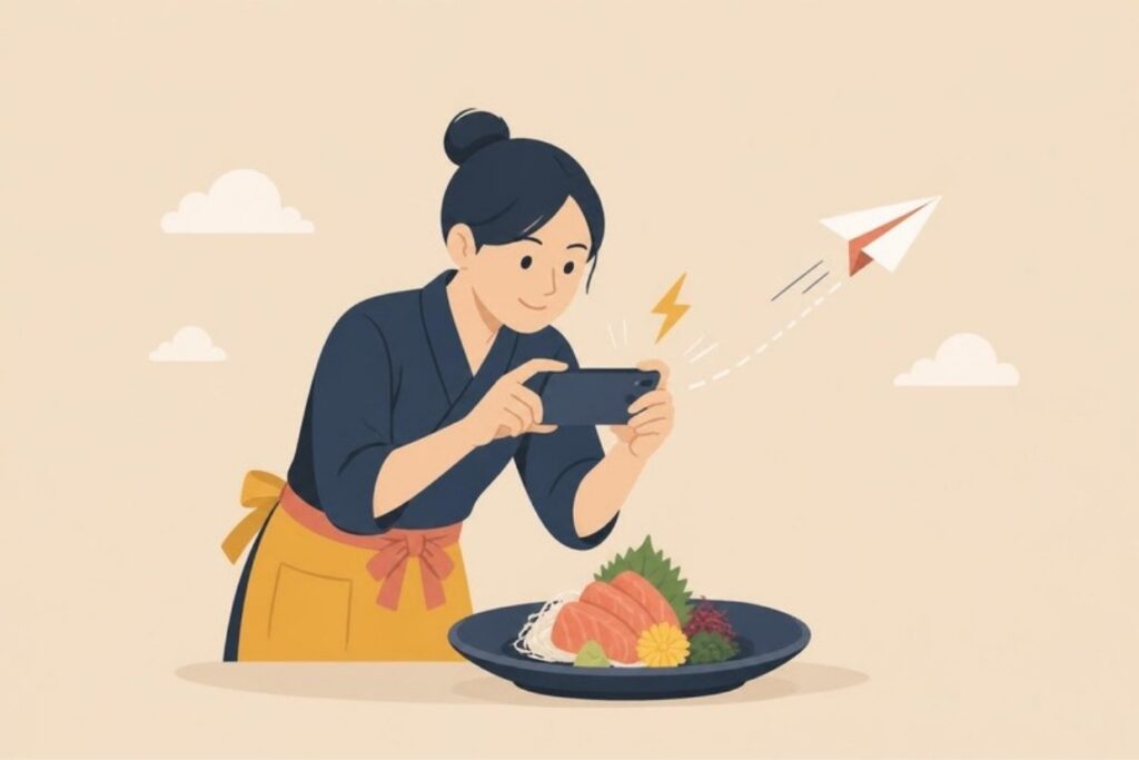 料理をスマホですぐ撮って発信する店員